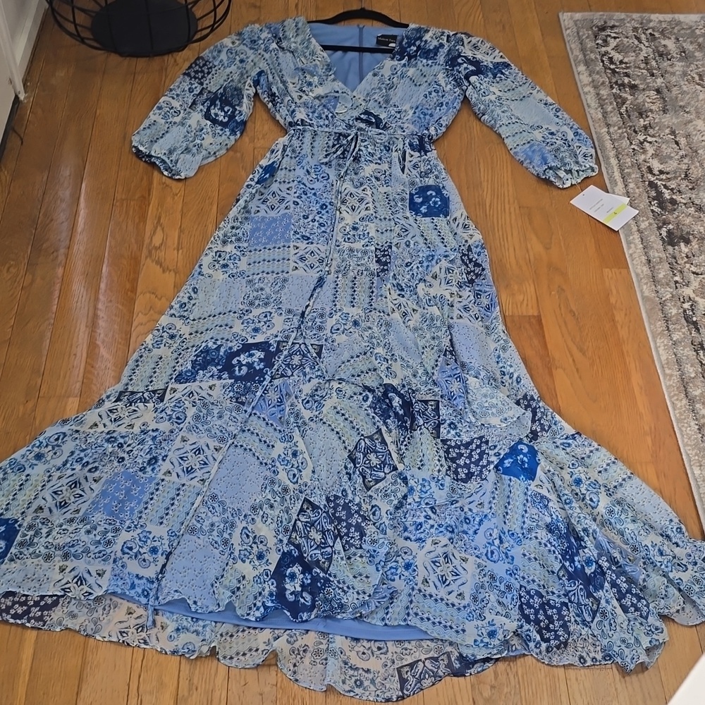 MAISON TARA BRAND WOMEN'S LONG BLUE FLORAL RUFFLED LONG SLEEVES DRESS SIZE 4